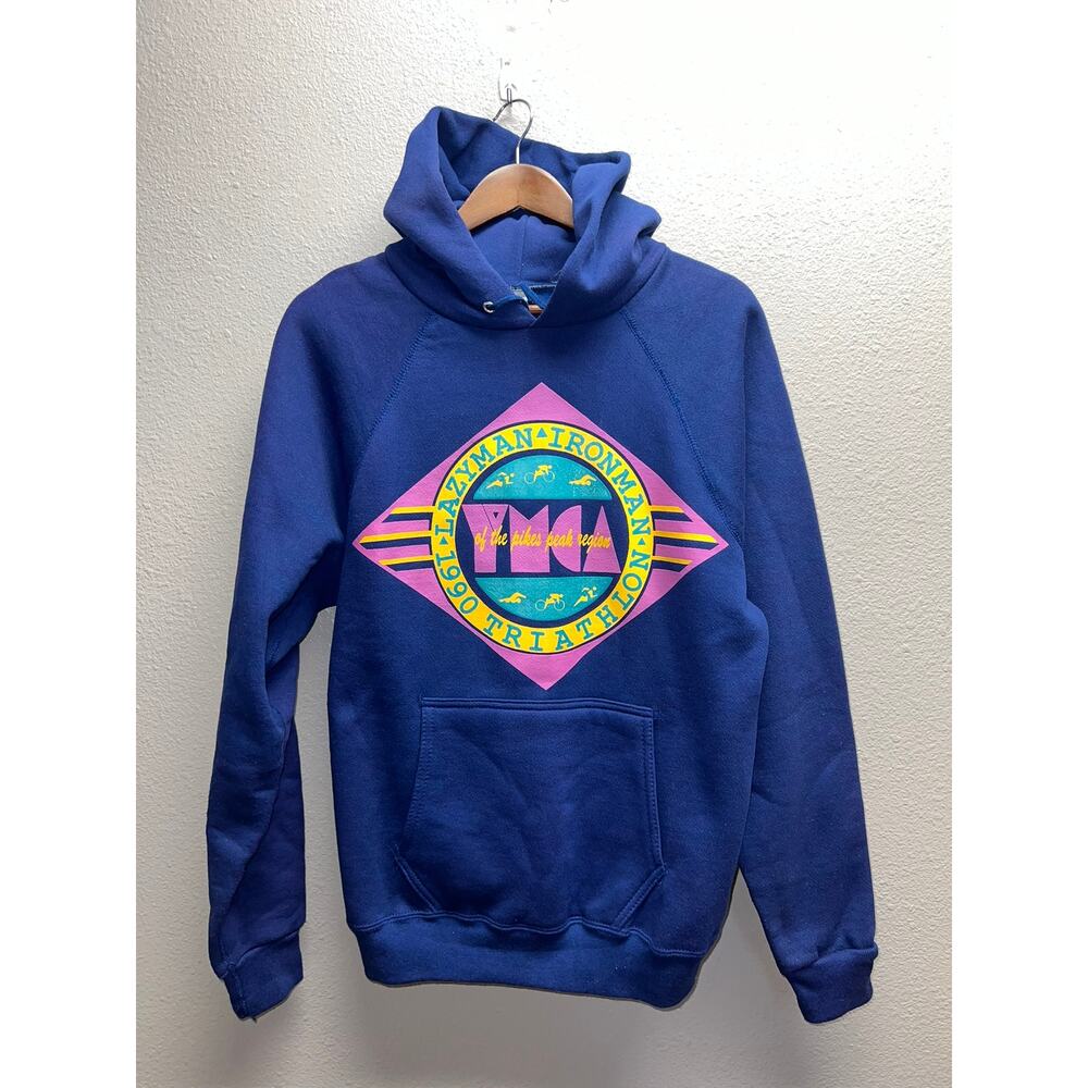 Vintage Ironman Trialthlon Hoodie Lazyman 1990 Blue YMCA Discus Athletics Medium